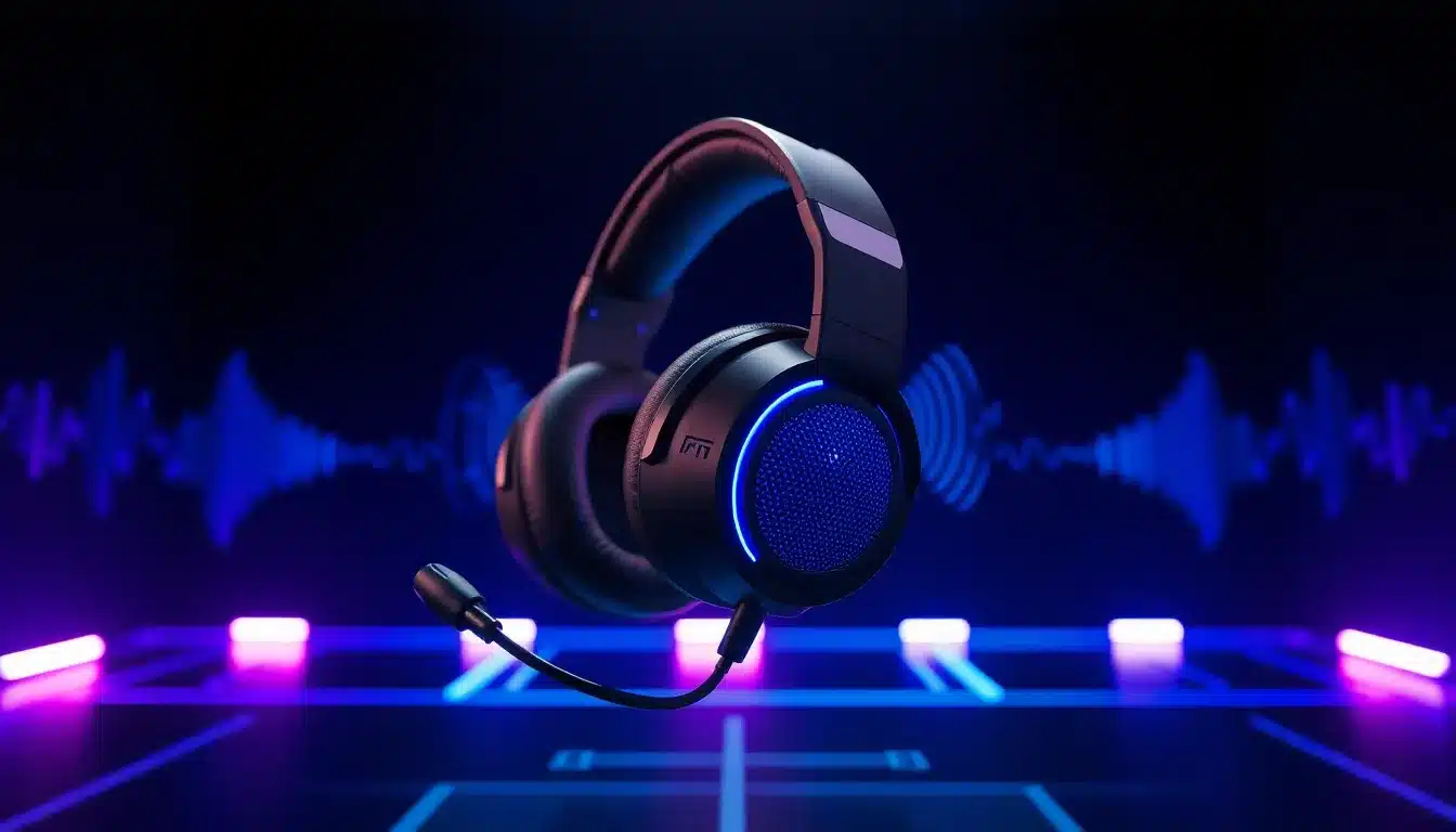 Casque gaming moderne avec technologie contrôle vocal, visualisation ondes sonores et IA, éclairage professionnel bleu violet