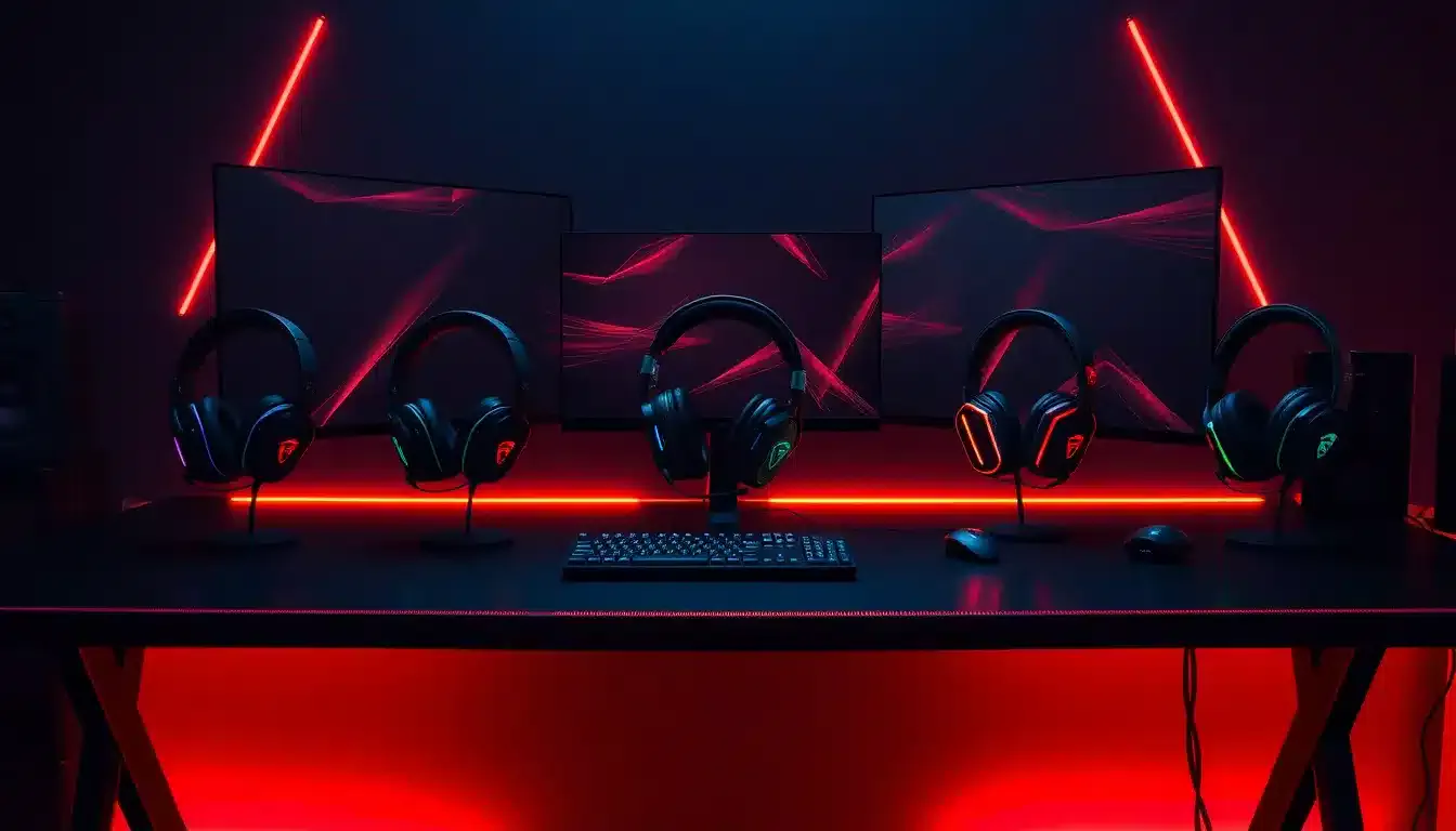 Cinq casques gaming MSI disposés sur un bureau noir avec éclairage RGB rouge, photo professionnelle 4K