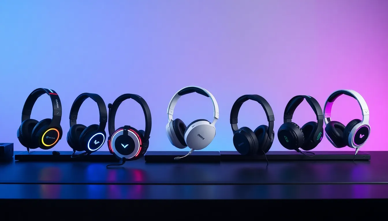 Collection des 7 meilleurs casques gaming Bluetooth 2025 testés côte à côte sur bureau gaming moderne