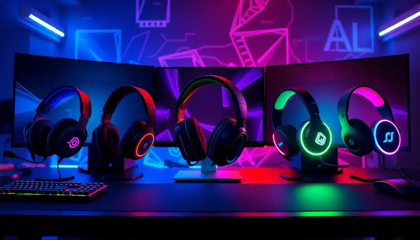 Comparatif des 5 meilleurs casques gaming RGB 2025 sur bureau gaming moderne avec éclairages LED multicolores, setup professionnel