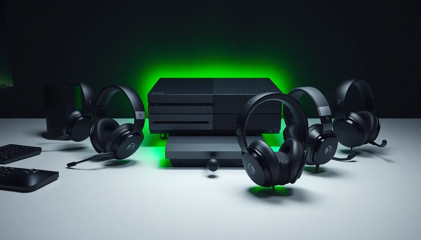 Collection de casques gaming haut de gamme pour Xbox One disposés sur un bureau moderne avec éclairage vert Xbox, photo professionnelle pour guide d'achat 2025