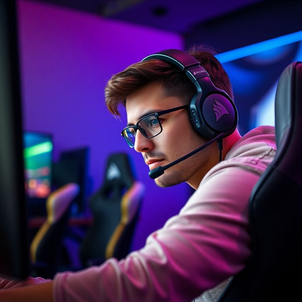 Gamer concentré portant un casque gaming dans un setup RGB moderne, illustrant l'excellence du gaming avec Corsair