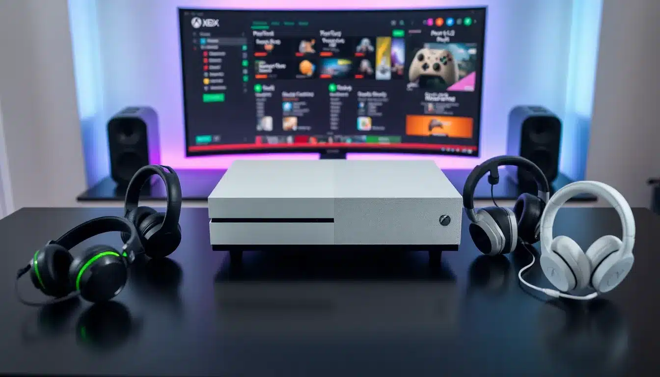 Comparaison des 8 meilleurs casques gaming Xbox Series S 2025 disposés autour d'une console sur setup gaming moderne
