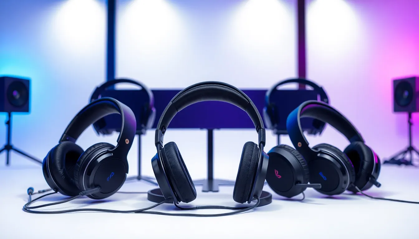 Comparatif des meilleurs casques gaming filaires 2025 disposés en studio avec éclairage professionnel gaming bleu et violet