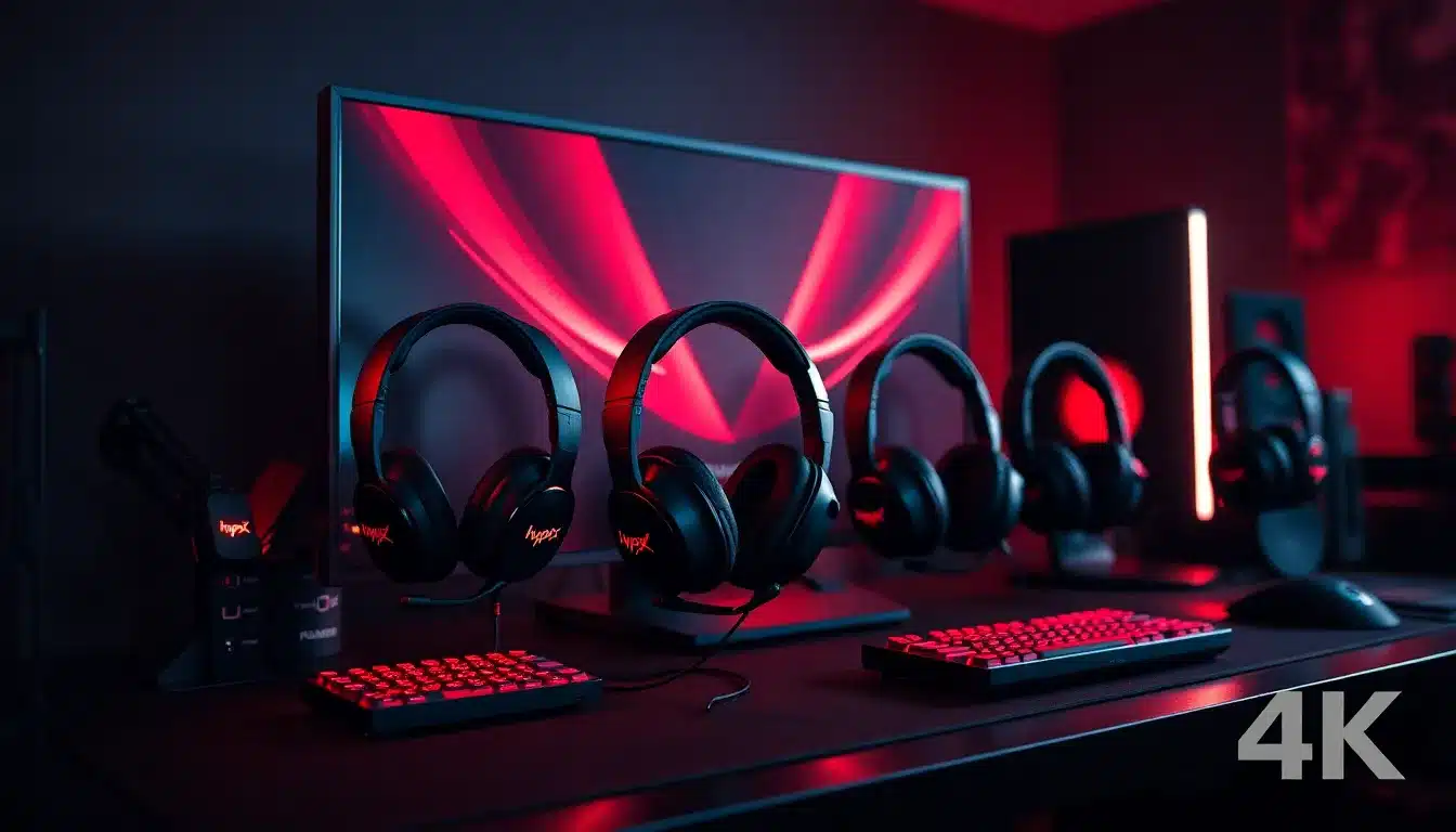 Comparatif des meilleurs casques gaming HyperX 2025 disposés sur bureau gaming professionnel avec éclairage LED rouge et noir