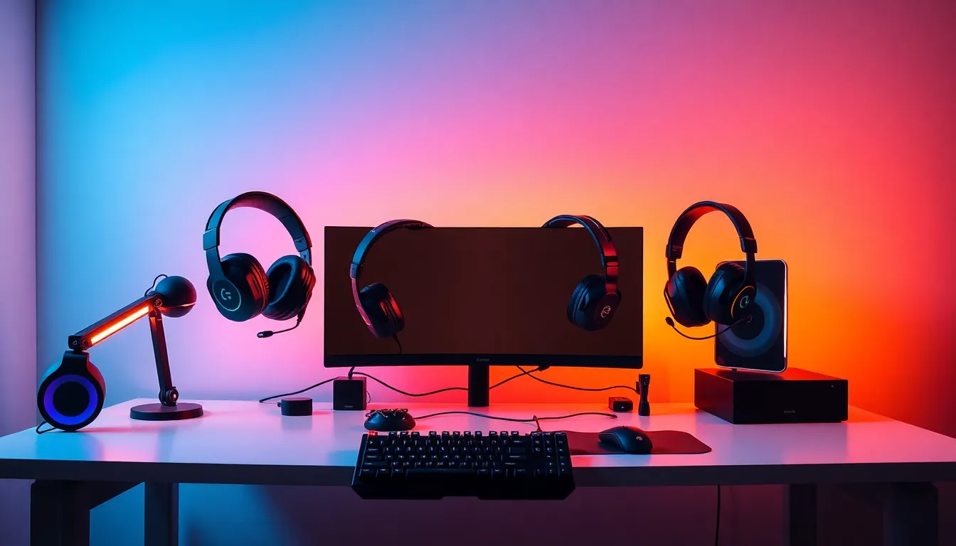 Collection des meilleurs casques gaming pas cher 2025 disposés sur un bureau gaming moderne avec éclairage RGB