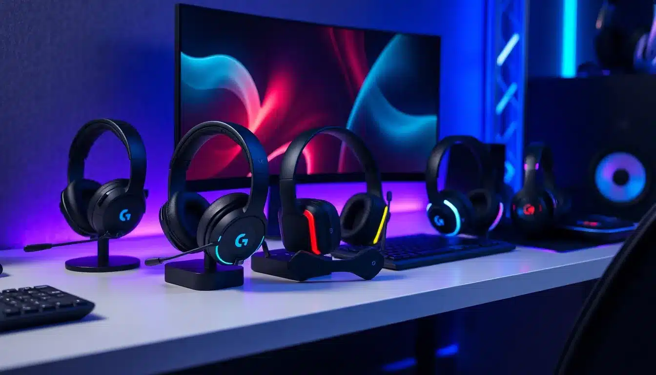 Meilleurs casques gaming Logitech 2025 disposés sur bureau gaming avec éclairage RGB