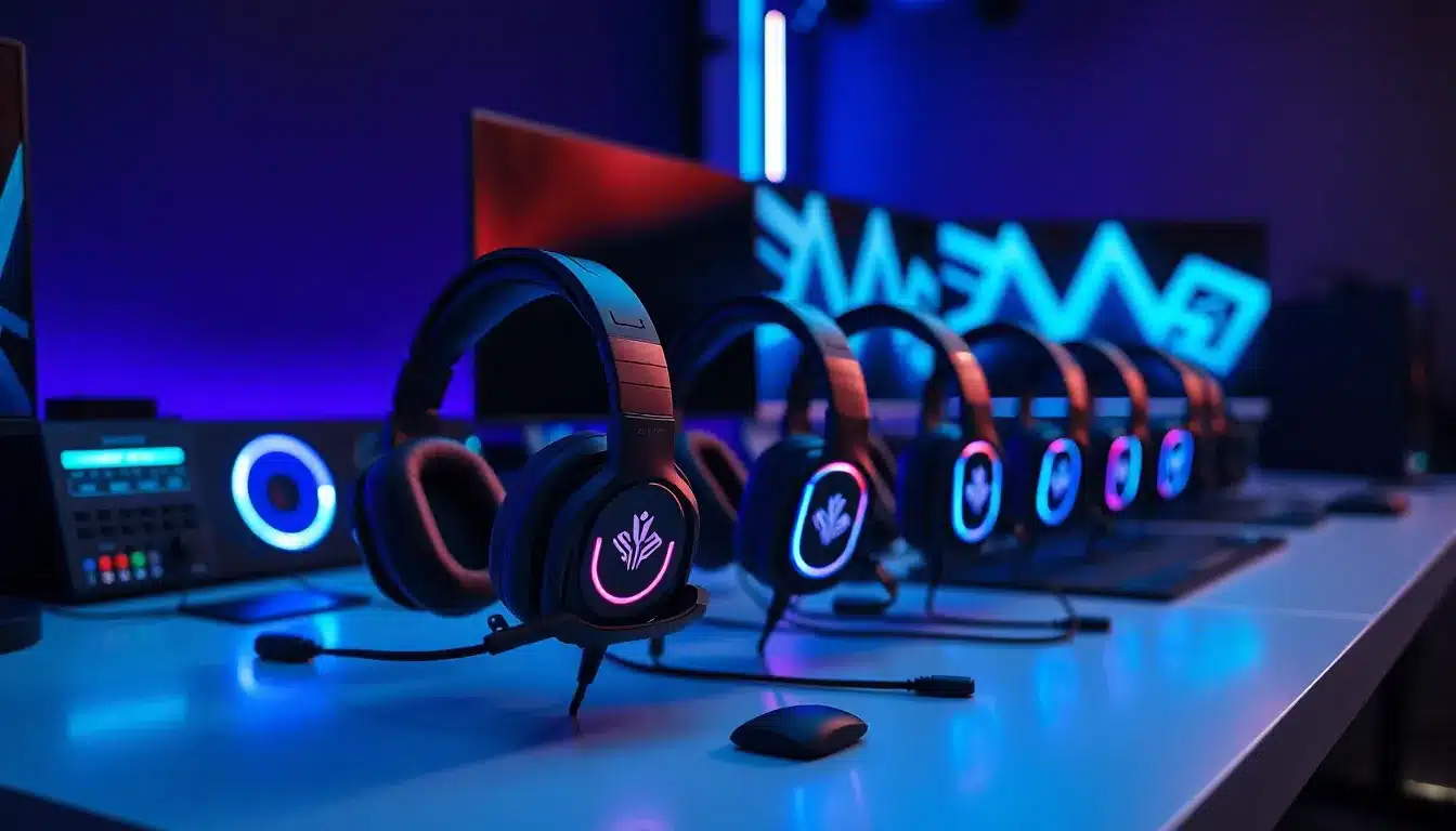 Casques gaming Spirit Of Gamer disposés sur un bureau gaming avec éclairage RGB, ambiance professionnelle pour test comparatif 2025