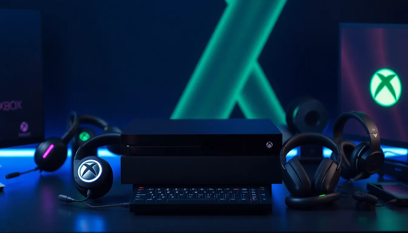 Xbox One X console noire entourée de différents casques gaming haut de gamme sur bureau moderne avec éclairage RGB