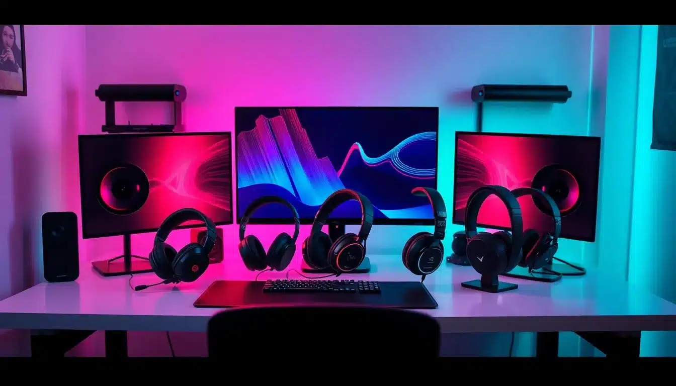 Collection de casques gaming sans fil haut de gamme sur bureau gaming moderne avec éclairage RGB