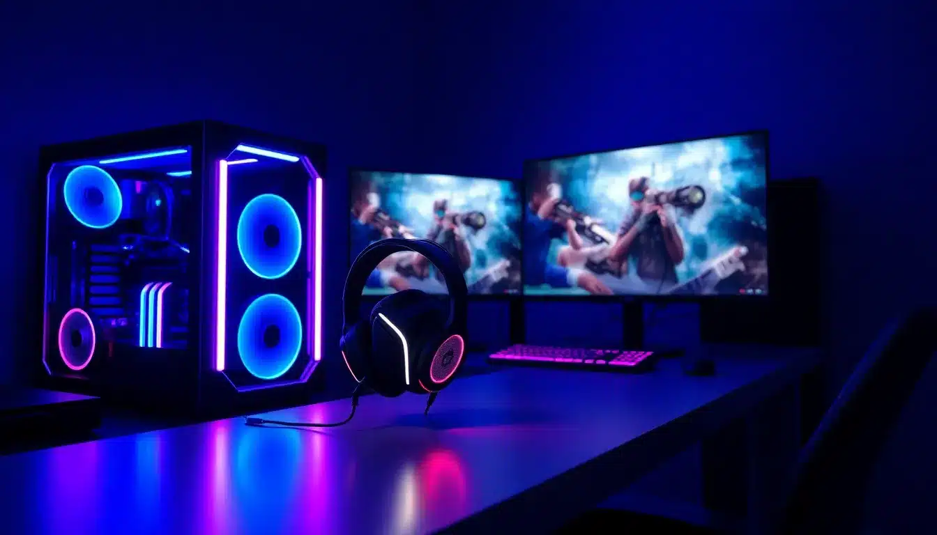 Setup gaming moderne avec casque gaming premium, éclairage RGB et moniteurs affichant un jeu FPS compétitif 