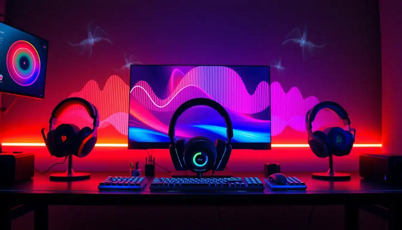 Comparatif casques gaming 7.1 sur bureau gamer avec éclairage RGB et visualisation audio surround