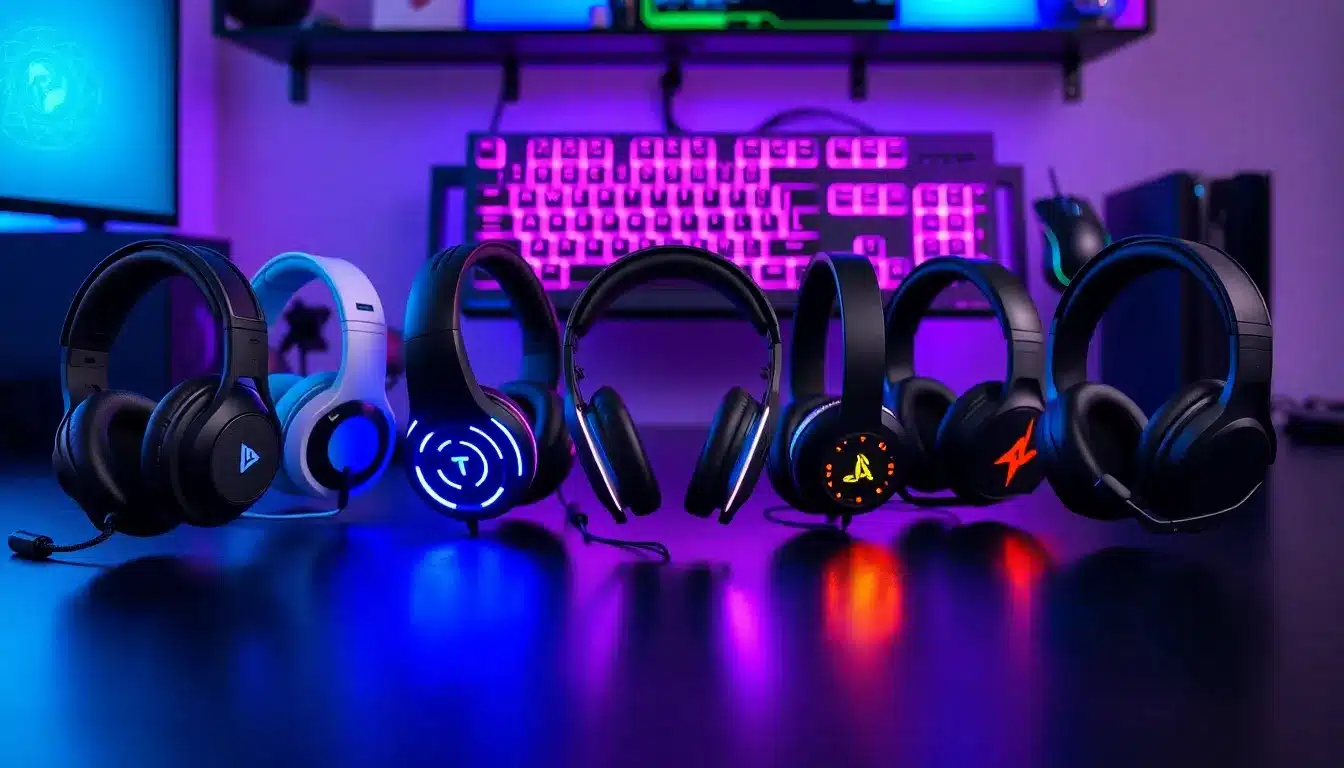 Comparatif des 6 meilleurs casques gaming testés moins de 300 euros disposés sur un bureau gaming avec éclairage RGB